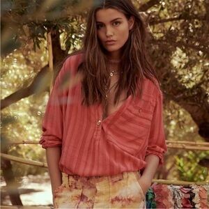 Free People Summer Breeze Coral Striped Oversized Linen Blend Size XS X Small
